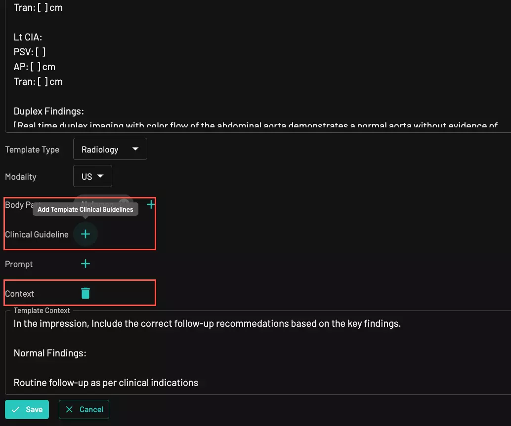 Clinical guidelines in template
