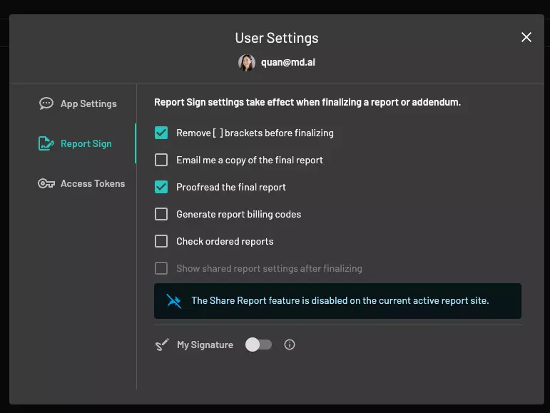 Report sign settings